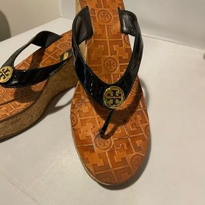 Tory Burch Black Leather Cork Platform Wedge Logo Sandals Size 9.5